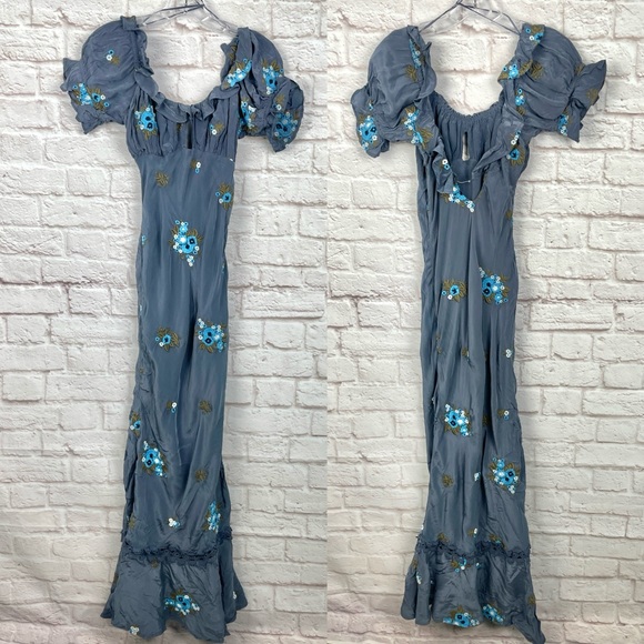 Free People Dusty Blue Floral Ruffled Maxi Dress - Picture 2 of 9